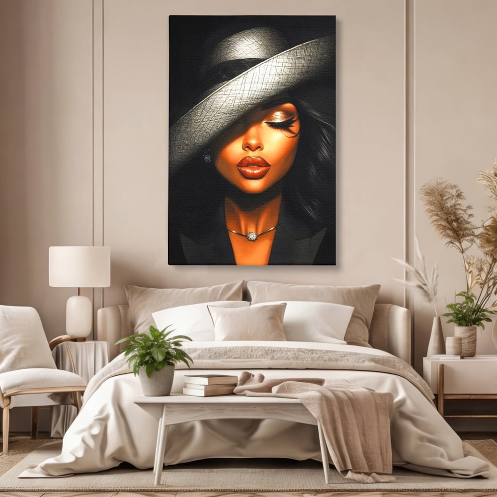 Tablou canvas cu tablou canvas cu femeie si palarie, fara rama, pe sasiu de lemn, pe perete intr-un dormitor